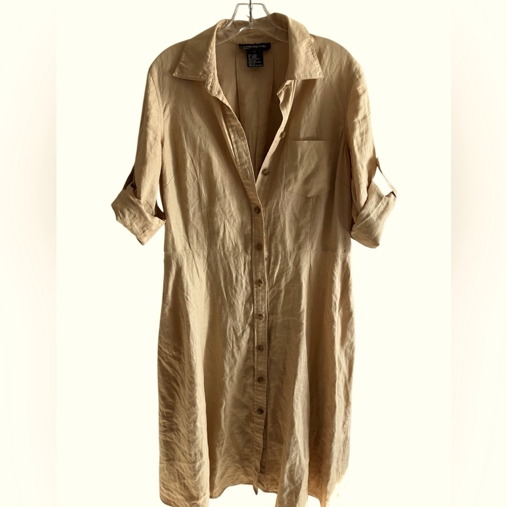 Linen Tab Sleeves‎ Button Front Gold Shirt Dress Jones New York Womens Sz 14